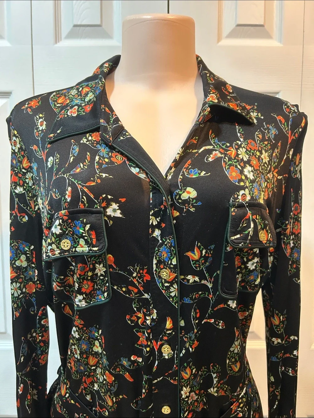 Tory Burch Black Floral Long Sleeve Shirt Dress